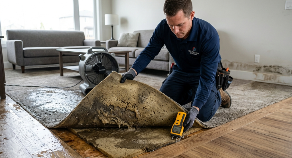 Three side-by-side carpet water damage scenarios showing clean water from a broken pipe, gray water from a washing machine overflow, and black water from sewage backup, educational comparison, realistic residential setting, professional restoration industry concept, photorealistic, no labels or text